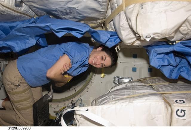 NASA image: STS-129 MS Stott poses for a photo on the Middeck