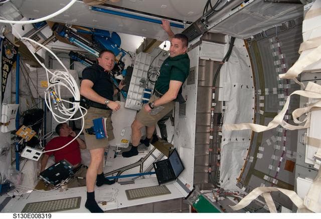 NASA image: Creamer, Virts and Zamka in Node 3