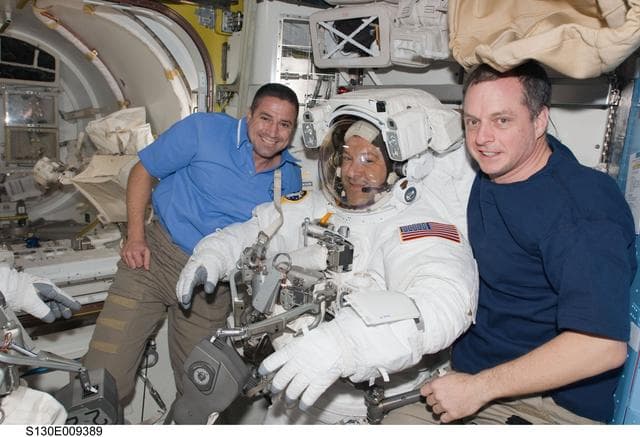 NASA image: Zamka, Patrick and Creamer in A/L prior to EVA 3