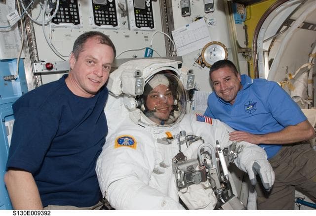 NASA image: Creamer, Behnken and Zamka in A/L prior to EVA 3