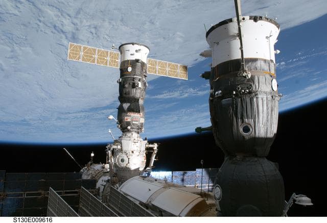 NASA image: View of Progress and Soyuz Through Cupola Window