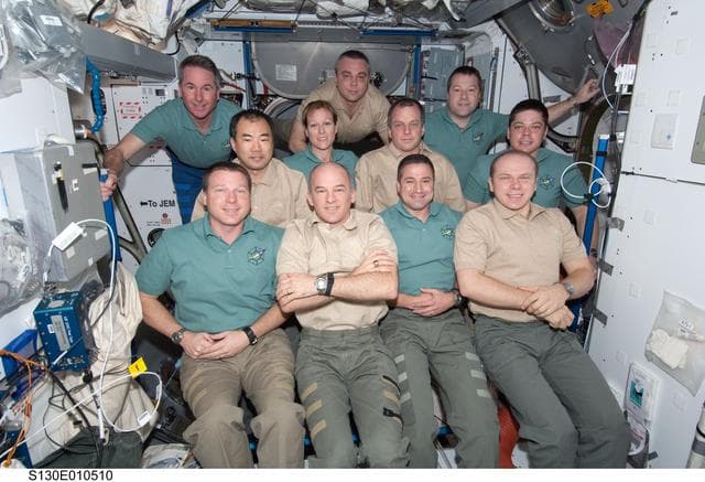 NASA image: STS-130 and Expedition 22 Crewmembers In-Flight Portrait in Node 2