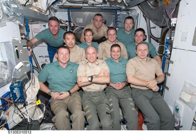 NASA image: STS-130 and Expedition 22 Crewmembers In-Flight Portrait in Node 2