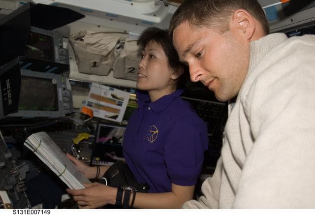 NASA image: Yamazaki and Dutton at RWS on Flight Deck
