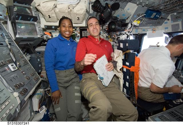 NASA image: Wilson, Mastracchio and Dutton on Flight Deck during Rendezvous OPS