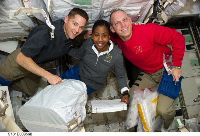 NASA image: Dutton, Wilson, and Anderson in MPLM