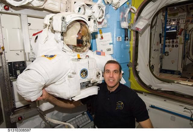 NASA image: EMU Prep in Joint Airlock