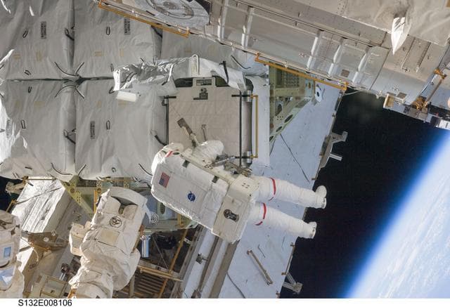 NASA image: Bowen works with the Battery ORUs during EVA 1