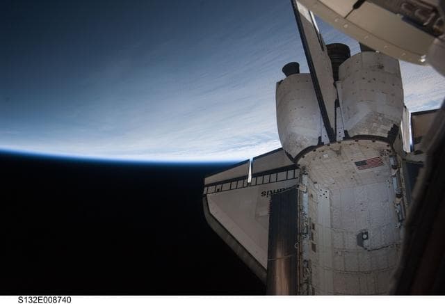 NASA image: Aft section of the Space Shuttle Atlantis during Joint Operations