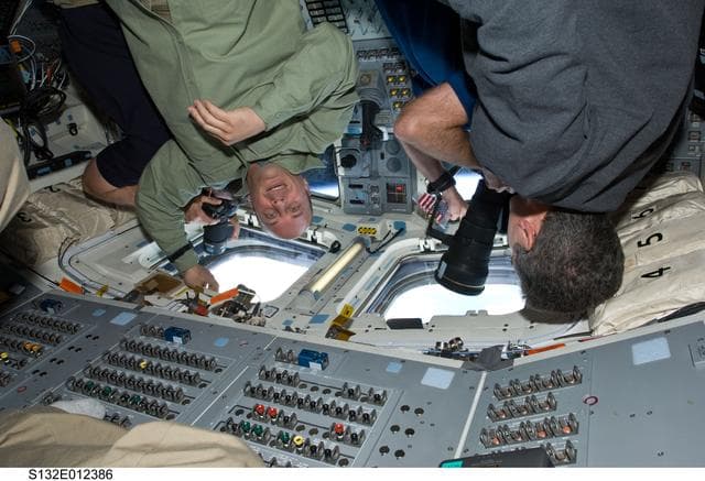 NASA image: STS-132 Crewmembers in the aft FD on STS-132 Space Shuttle Atlantis