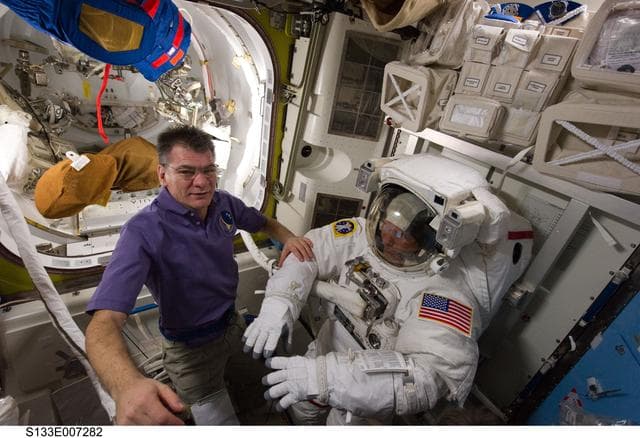 NASA image: Nespoli and Bowen in Airlock