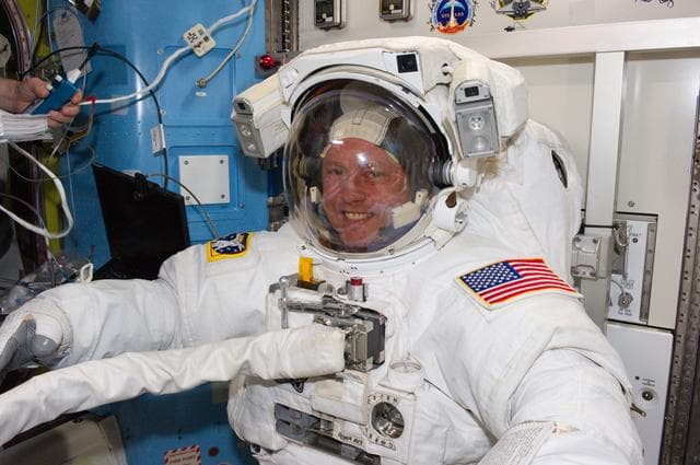 NASA image: STS-134 MS Fincke posing for a photo prior to EVA-2