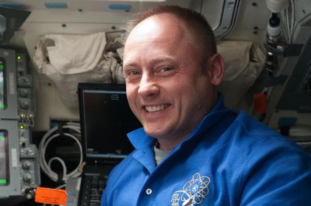 NASA image: STS-134 MS Fincke poses for a photo during ELC3 Unberthing
