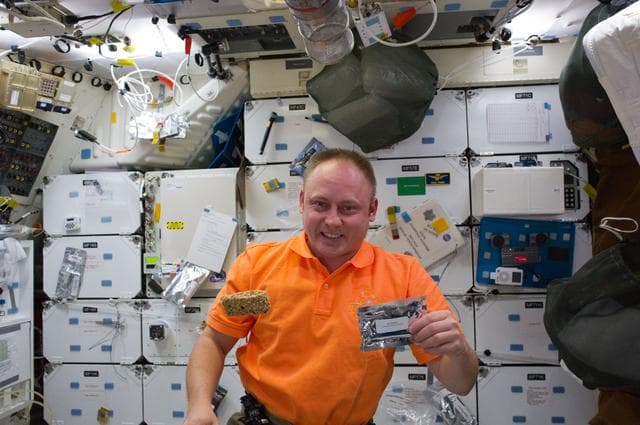NASA image: STS-134 MS Fincke poses for a photo with a STEM Bar