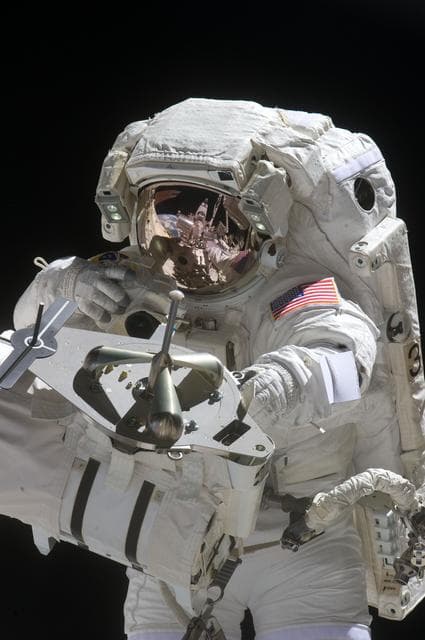 NASA image: STS-134 MS Fincke works to secure OBSS during EVA-4