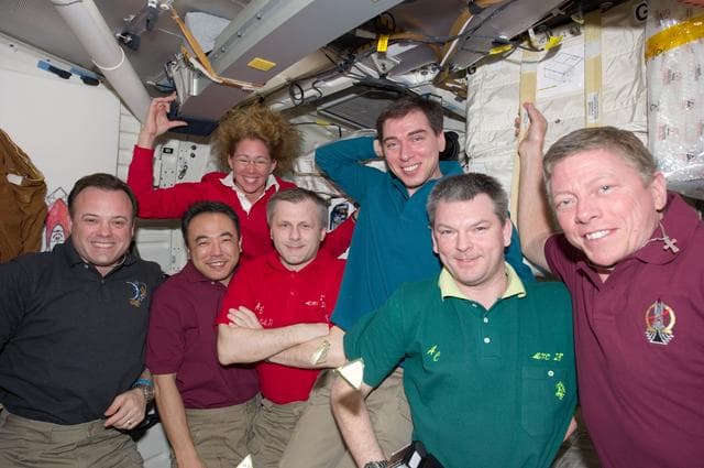 NASA image: Group Photo during All-American Meal on Atlantis Middeck