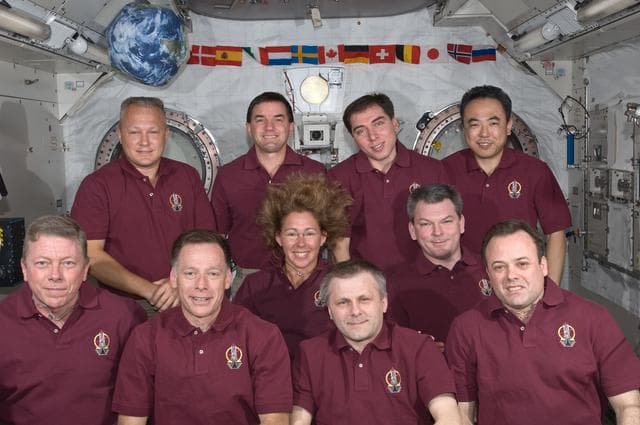 NASA image: STS-135 and Expedition 28 Crewmembers during In-Flight Portrait Session in Kibo