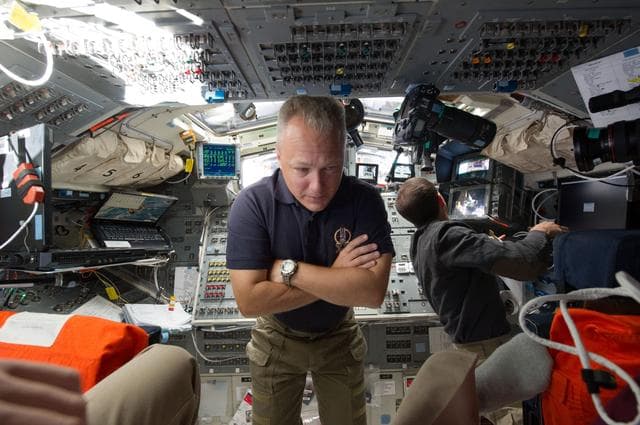 NASA image: Hurley and Walheim on Aft Flight Deck during Undocking OPS