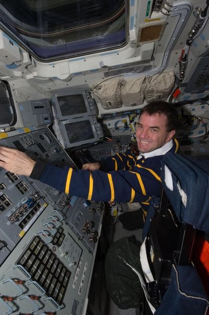 NASA image: Walheim on Aft Flight Deck during Deorbit Preparations