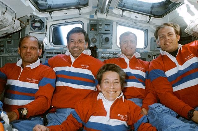 NASA image: STS-30 crewmembers pose for onboard portrait on OV-104's aft flight deck