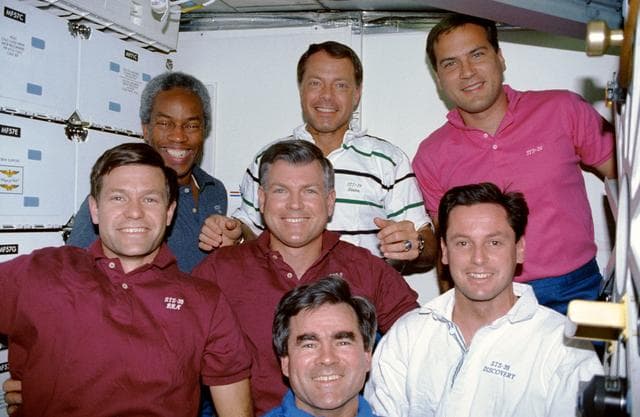 NASA image: STS-39 crewmembers pose on OV-103's middeck for onboard portrait