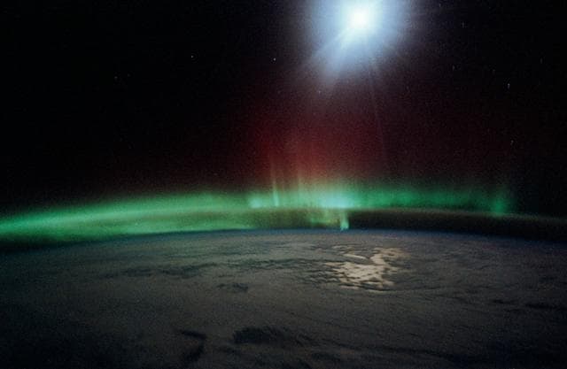 NASA image: Aurora Australis, Spiked and Sinuous Red and Green Airglow