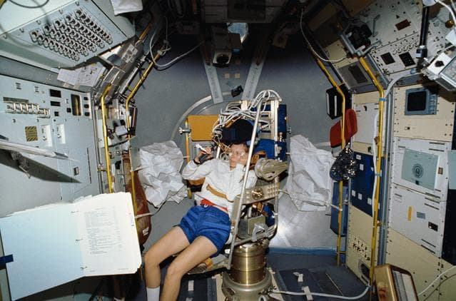 NASA image: STS-42 Payload Specialist (MS) Bondar in IML-1's MVI rotator chair