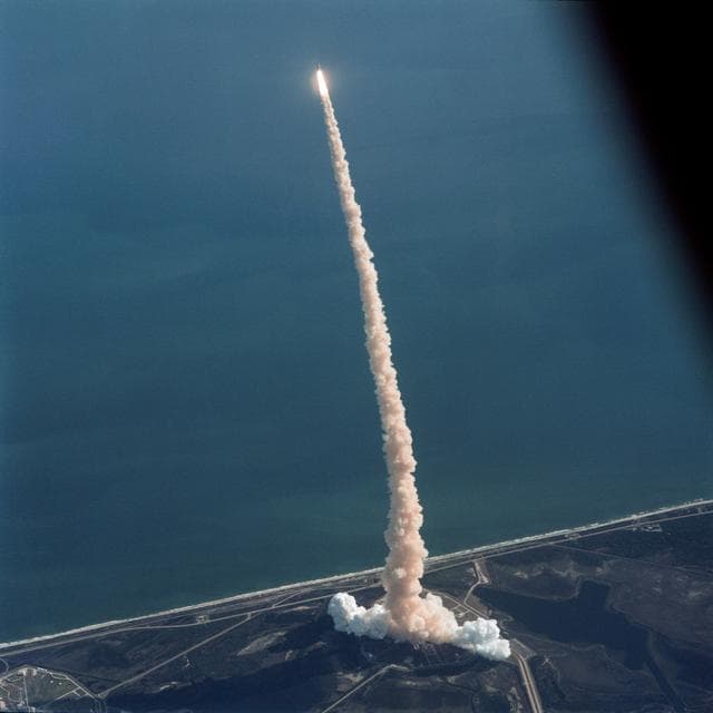NASA image: Air-to-air view of STS-42 Discovery, OV-103, after liftoff from KSC LC Pad