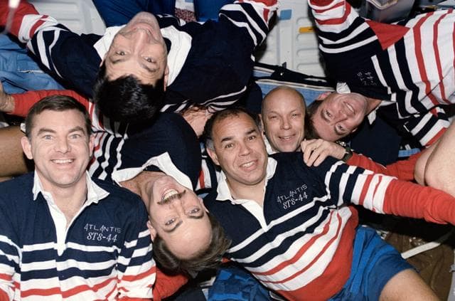 NASA image: STS-44 crew poses for their onboard (in-space) portrait on OV-104's middeck