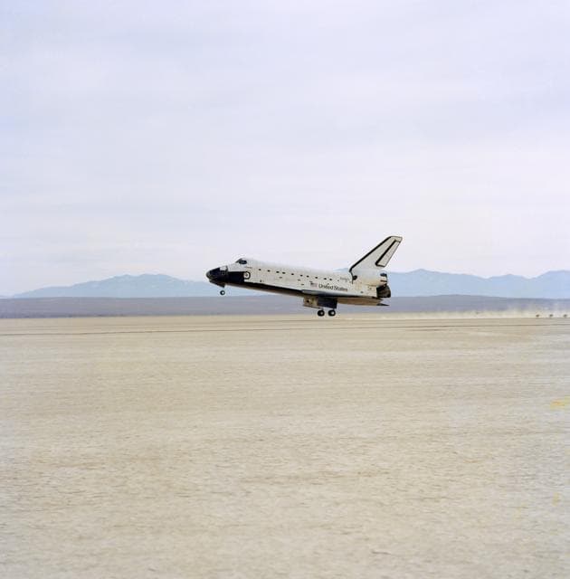 NASA image: STS-44 Atlantis, OV-104, glides to a landing on runway 05 at EAFB, California