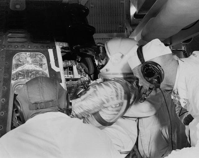 NASA image: Astronaut Grissom climbs into Liberty Bell 7 capsule to begin MR-4 mission
