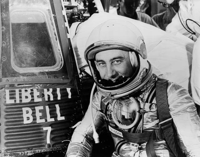 NASA image: Astronaut Grissom on level 3 in front of Liberty Bell 7 capsule