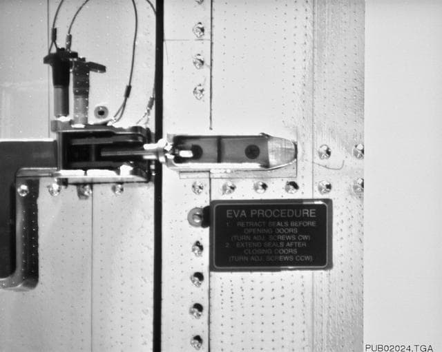 NASA image: Latch of HST aft shroud photographed by Electronic Still Camera