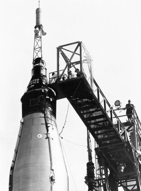 NASA image: View of Friendship 7 capsule on top of booster rocket