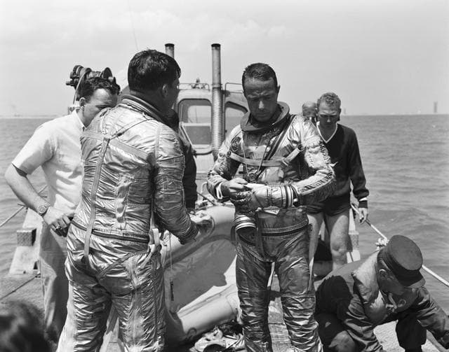 NASA image: Astronauts Scott Carpenter and Walter Schirra completes water egress test 