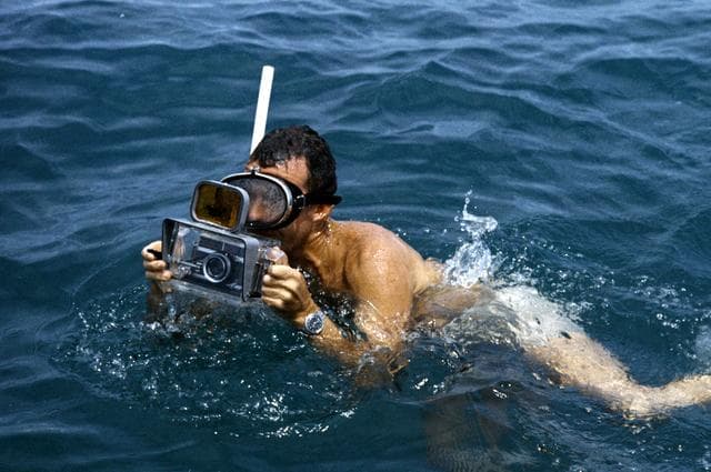 NASA image: Astronaut L. Gordon Cooper participates in Mercury water egress training 