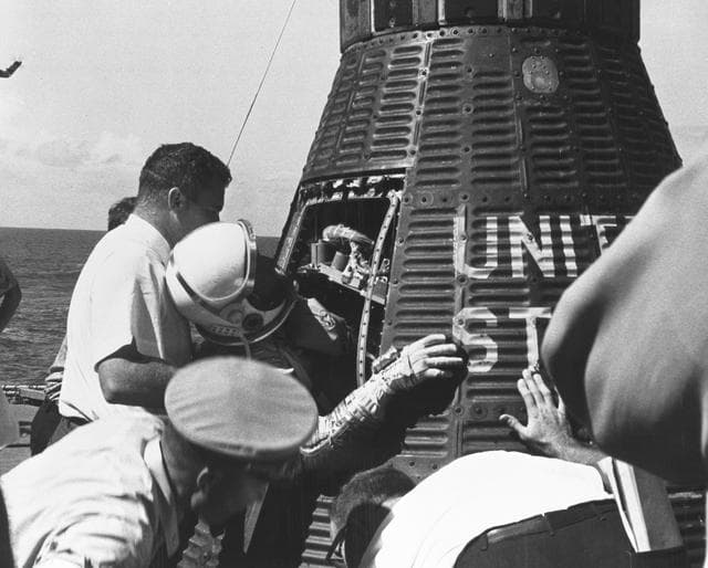 NASA image: Astronaut Walter Schirra - Removal - Sigma 7 Capsule - USS Kearsage