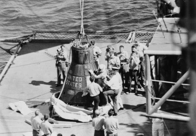NASA image: Astronaut Walter Schirra - Removal - Sigma "7" Capsule - USS Kearsage