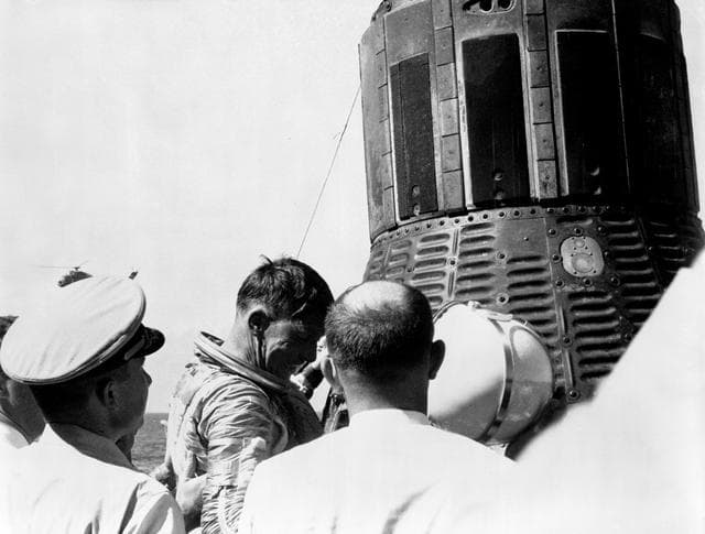 NASA image: Astronaut Walter Schirra being removed from his Sigma 7 capsule 