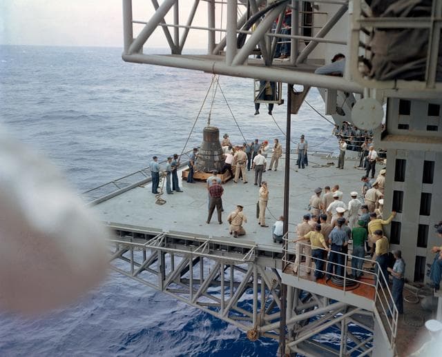 NASA image: ASTRONAUT COOPER - SPACECRAFT "FAITH 7" - RECOVERY - USS KEARSAGE - PACIFIC