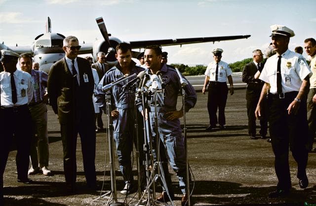 NASA image: Astronauts Young and Grissom - Meeting - Press - Post-Landing - Cape