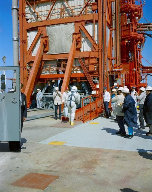 NASA image: GEMINI-TITAN (GT)-3 - CREW (ENTERS GANTRY) - CAPE