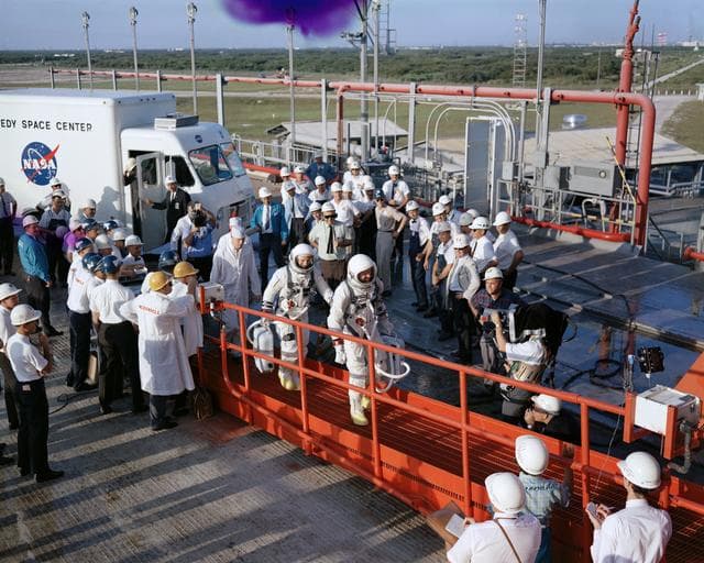 NASA image: GEMINI-TITAN (GT)-V - PRIME CREW - WALK UP RAMP - CAPE