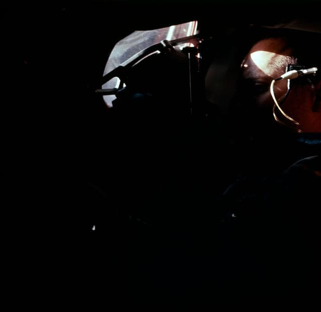 NASA image: Astronaut Charles Conrad as seen through Gemini 5 spacecraft window