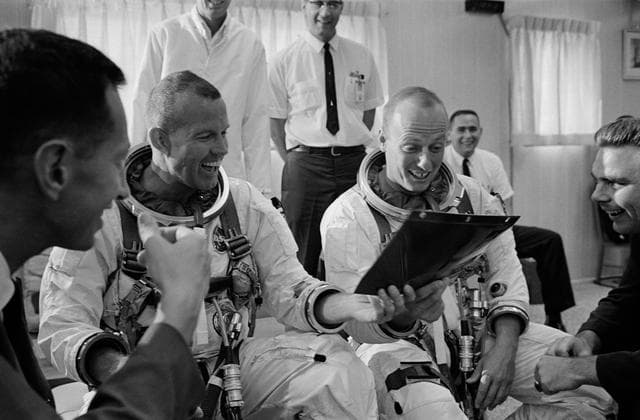 NASA image: Astronaut L. Gordon Cooper, Jr. - Misc. - Gemini-Titan (GT)-5 - Suiting-Up - Prime Crew - Cape