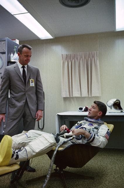 NASA image: Gemini-Titan (GT)-6 - Preflight Activity - Command Pilot Suiting-Up - Cape