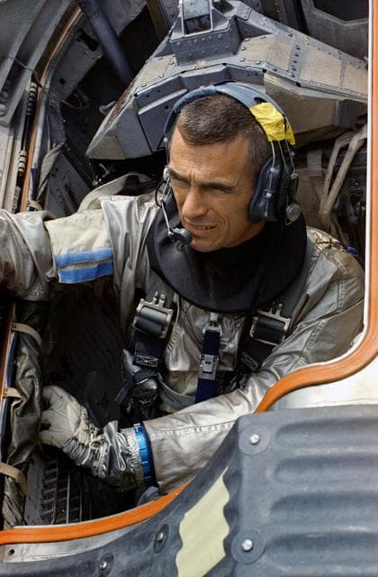 NASA image: Astronaut Eugene Cernan sits in Gemini boilerplate during water egress