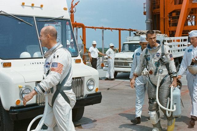 NASA image: ASTRONAUT CERNAN, EUGENE A. - MISC. (WALK AWAY FROM PAD - GEMINI-TITAN (GT)-9 POSTPONED) - CAPE