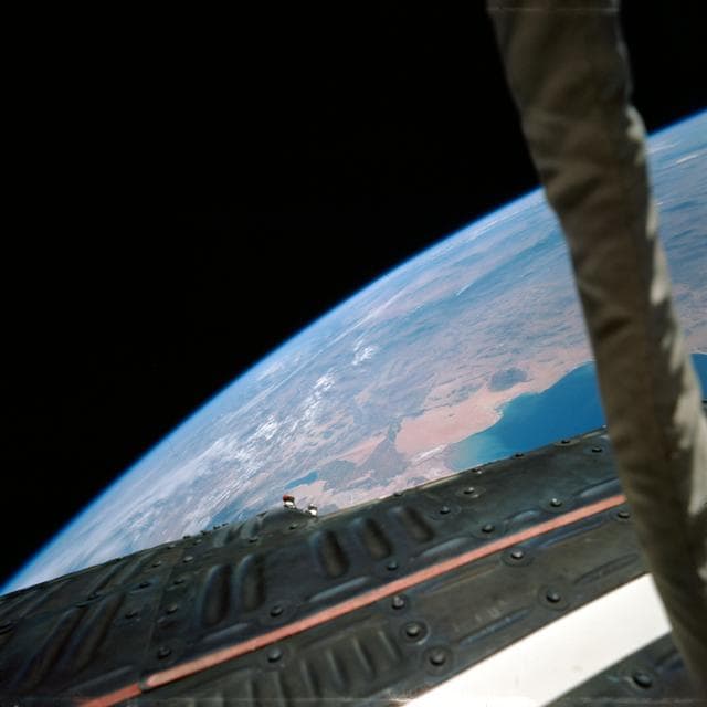 NASA image: Gemini 9 spacecraft during EVA as seen Astronaut Eugene Cernan