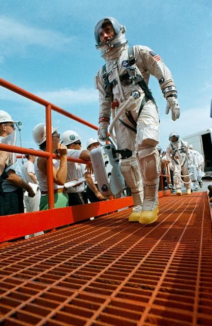 NASA image: Astronauts Young and Collins walk up ramp at Pad 19 during countdown